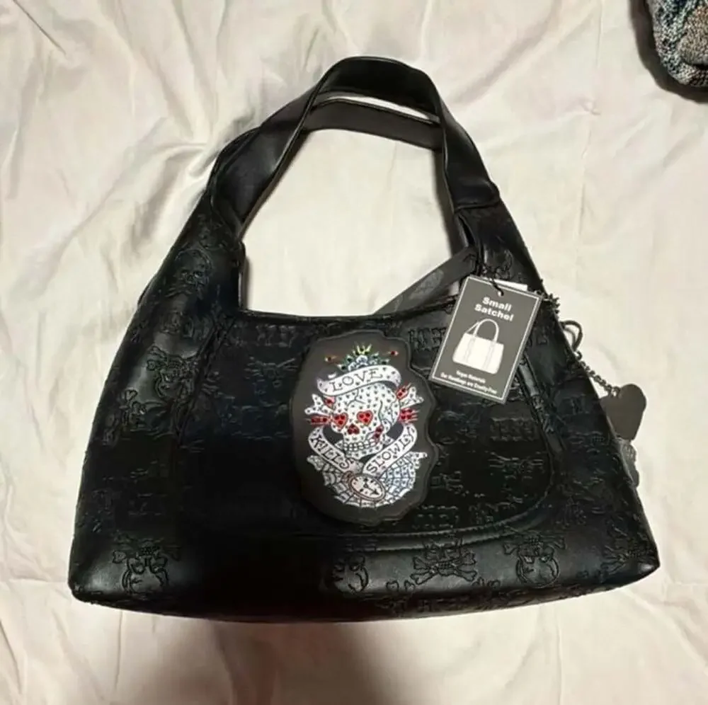 Ed Hardy Black Faux Leather Small Satchel with Skull Motif